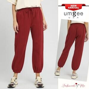Umgee Elastic Waist Drawstring Side Pocket Casual Fleece Jogger Pants | Burgundy